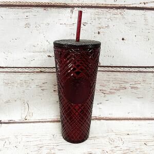 STARBUCKS Burgundy Red Jeweled Grid Venti Tumbler 24oz